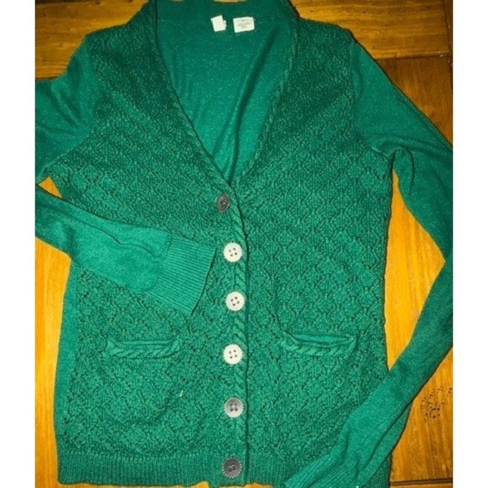 Moth Anthropologie Womens Green Cashmere Blend Pointelle Cardigan Sweater Small